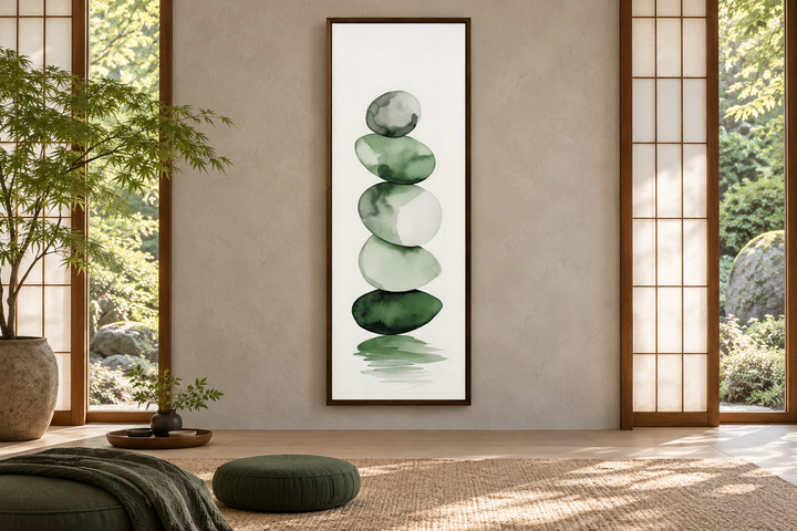 Tall narrow framed canvas wall art featuring a forest green watercolor painting of stacked rocks.