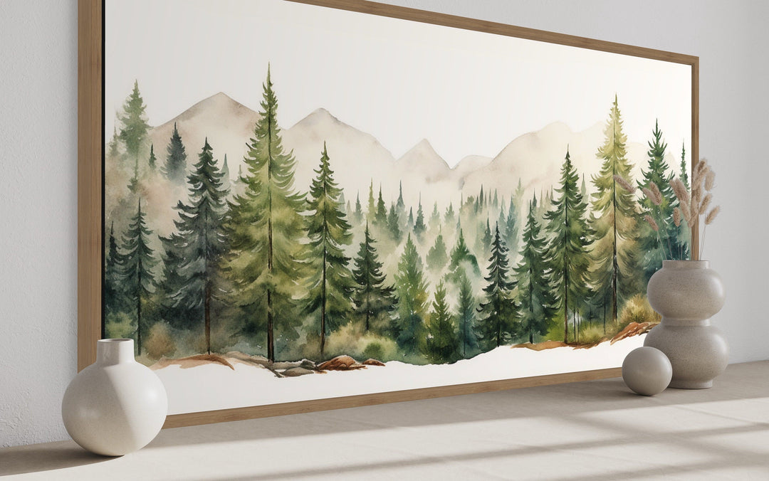 Forest Mountain Wall Art – Framed Canvas Sage Green Landscape for Rustic Decor