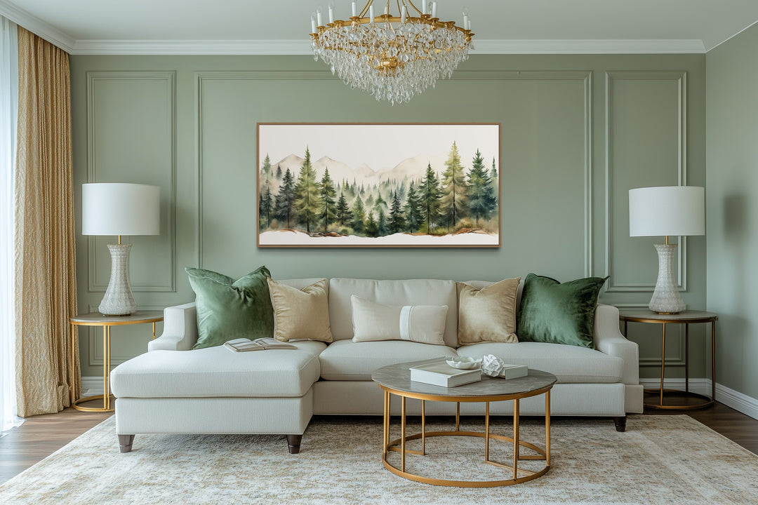 Forest Mountain Wall Art – Framed Canvas Sage Green Landscape for Rustic Decor