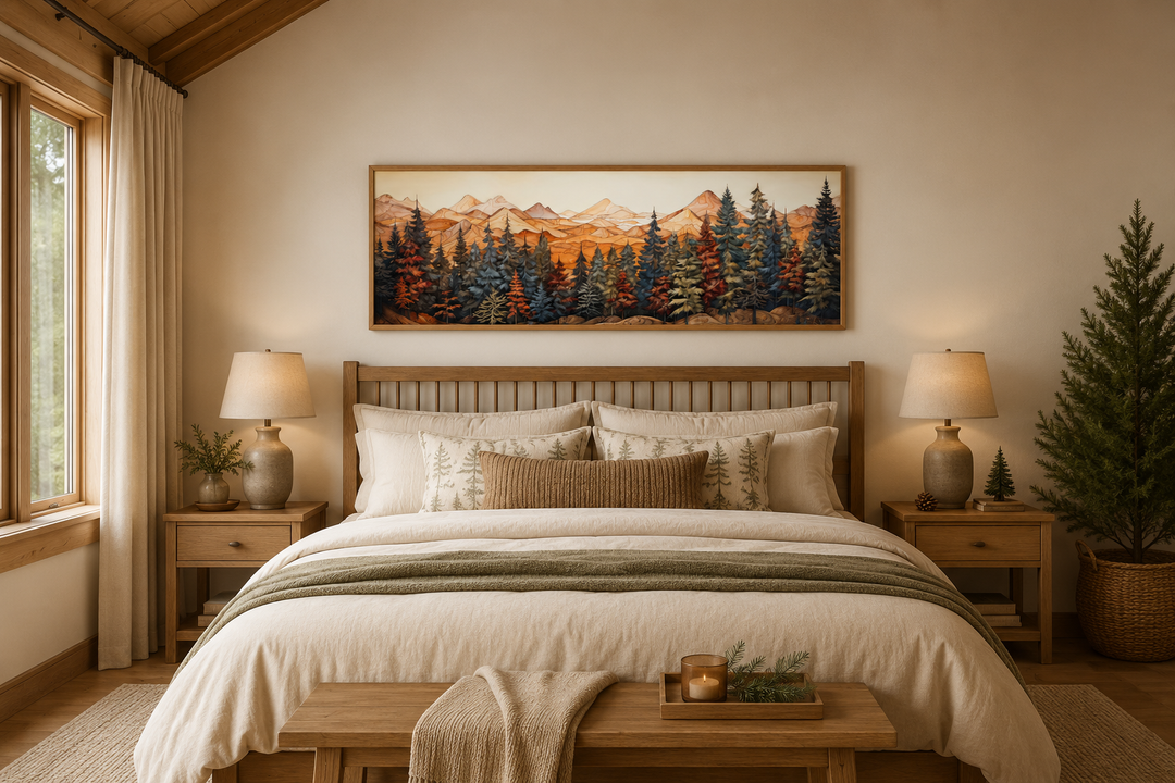Long horizontal canvas art of a forest and mountains above a bed in a rustic bedroom.
