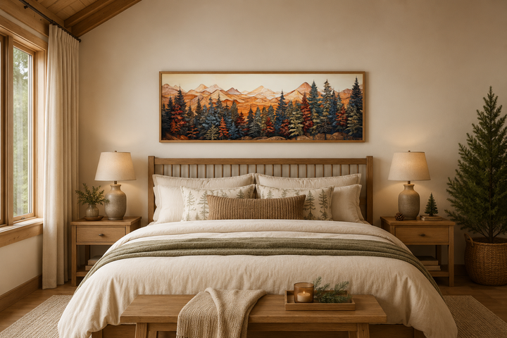 Long horizontal canvas art of a forest and mountains above a bed in a rustic bedroom.