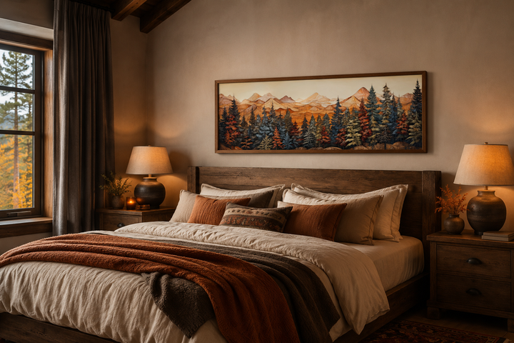 Long horizontal canvas wall art of a painted forest and mountains above a rustic wooden bed.