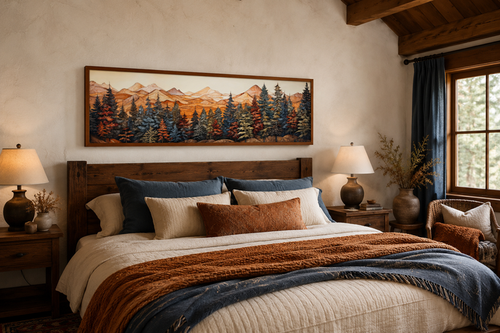 Rustic long horizontal canvas wall art featuring a painted forest and mountains above a bed.