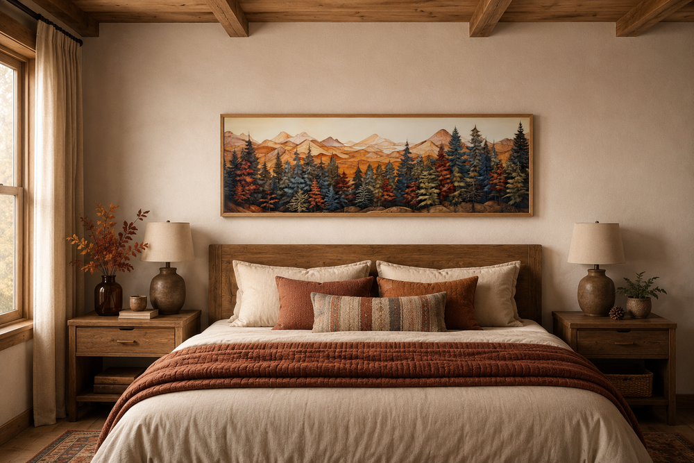 Panoramic forest and mountain landscape painting on wood-textured canvas above a rustic bed.