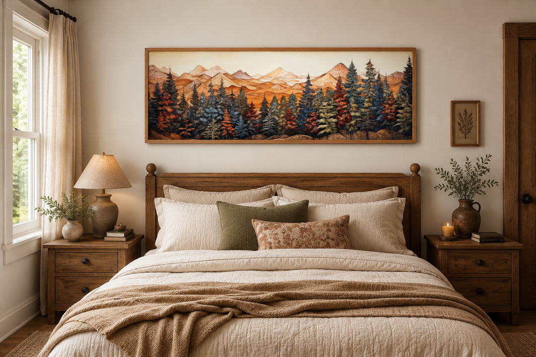 Long horizontal canvas wall art featuring a rustic painted forest and mountains above a bed.
