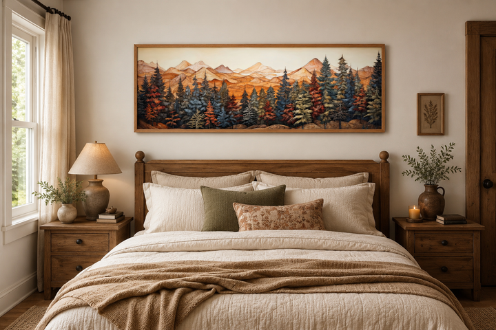 Long horizontal canvas wall art featuring a rustic painted forest and mountains above a bed.