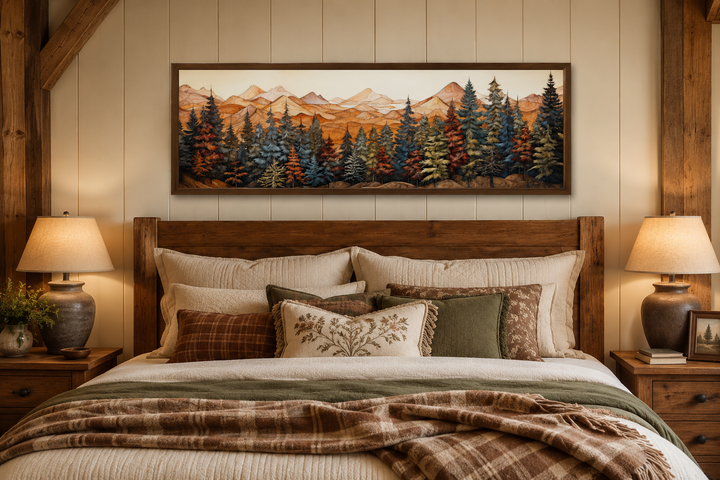 Panoramic forest and mountain painting on wood-textured canvas above a rustic wooden bed frame.