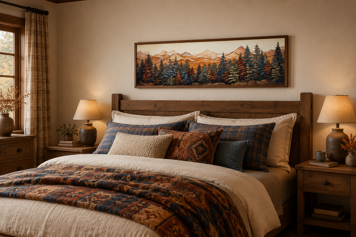 Long horizontal canvas wall art featuring a rustic forest and mountain scene above a wooden bed.