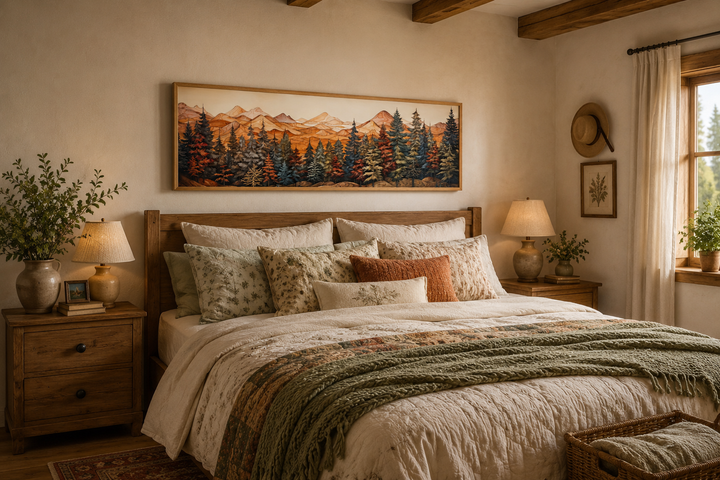 Long horizontal canvas art of a forest and mountains on wood texture above a rustic wooden bed.