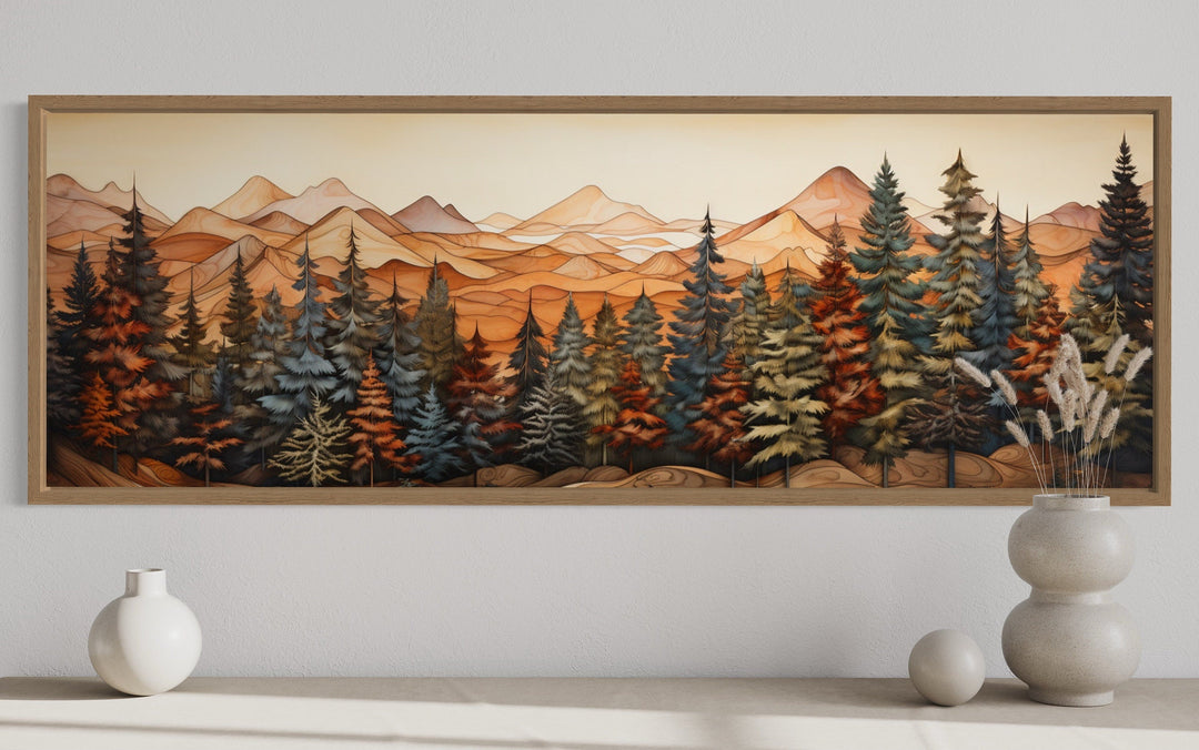 Long horizontal rustic wall art featuring a painted forest and mountains on wood-textured canvas.