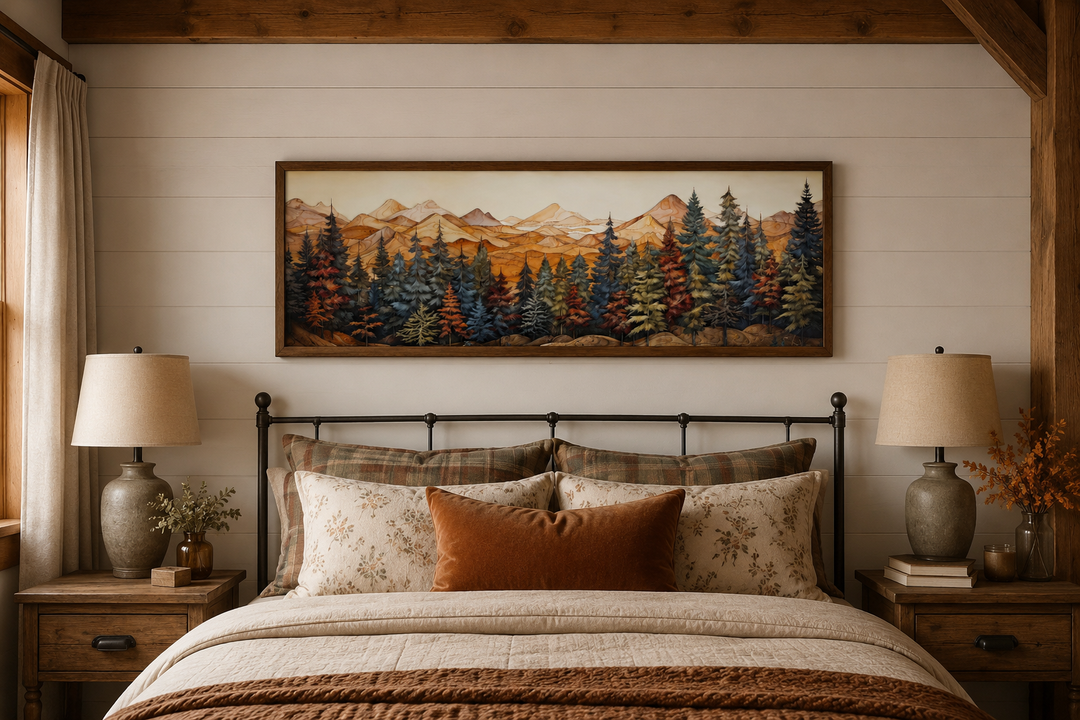 Panoramic forest and mountain painting on wood-textured canvas above a rustic bed.