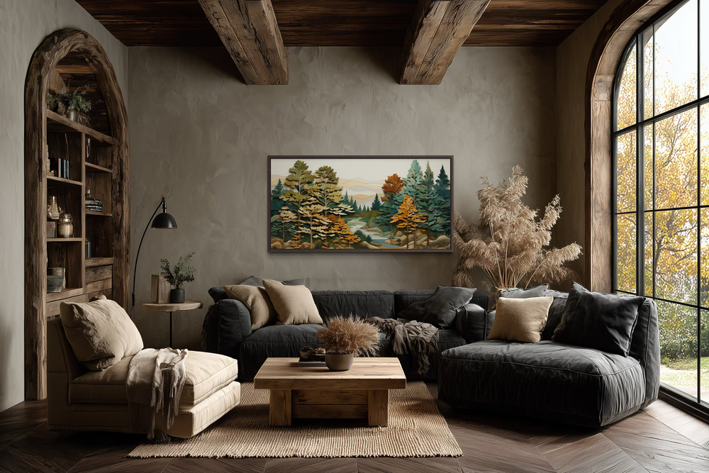 Layered wood wall art featuring a forest river scene in a rustic living room setting.