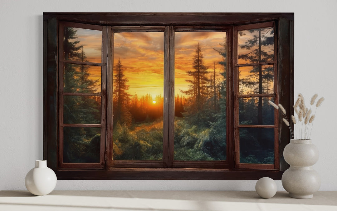 Forest View From Open Window Rustic Cabin Wall Art