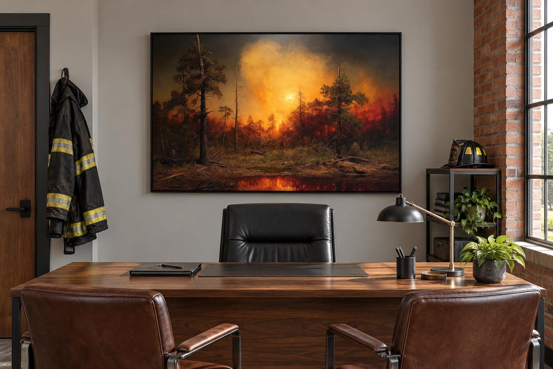 Framed canvas wall art of a forest wildfire hanging above a wooden desk in a modern office.