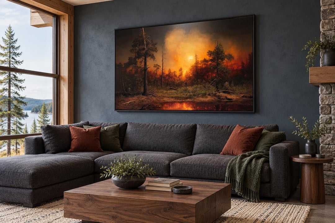 Framed canvas wall art of a forest wildfire hanging above a modern sofa in a rustic living room.