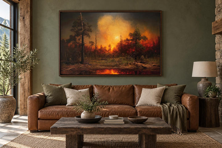 Framed canvas wall art of a forest wildfire above a brown leather sofa in a rustic living room.