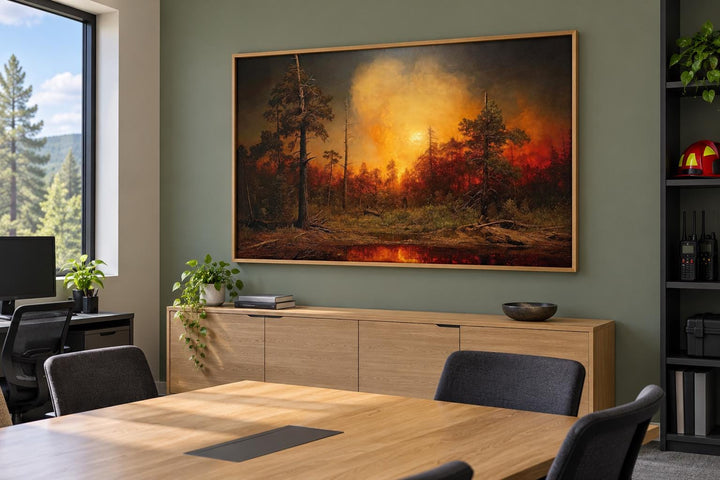 Forest Wildfire framed canvas wall art showing a burning woodland with orange smoke and silhouettes.