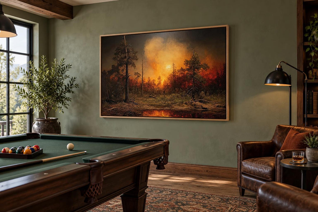 Forest Wildfire framed canvas wall art depicting a burning woodland in a rustic game room.