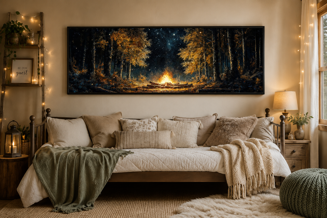 Panoramic forest campfire wall art hanging above a cozy daybed in a rustic cabin-style room.