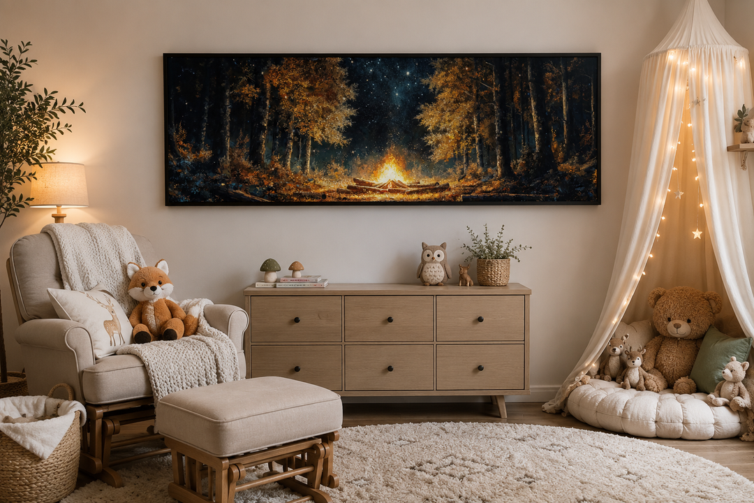 Panoramic wall art of a glowing campfire in a dark forest, hung above a dresser in a cozy nursery.