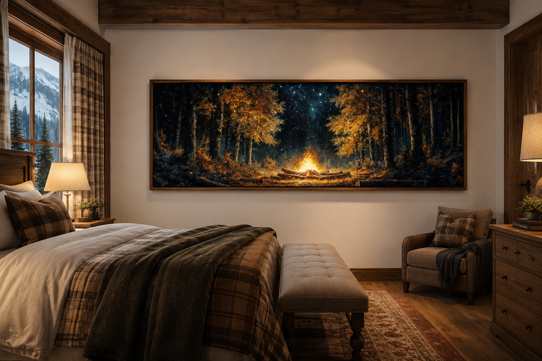 Panoramic forest campfire wall art in a rustic bedroom above a bed with plaid bedding.