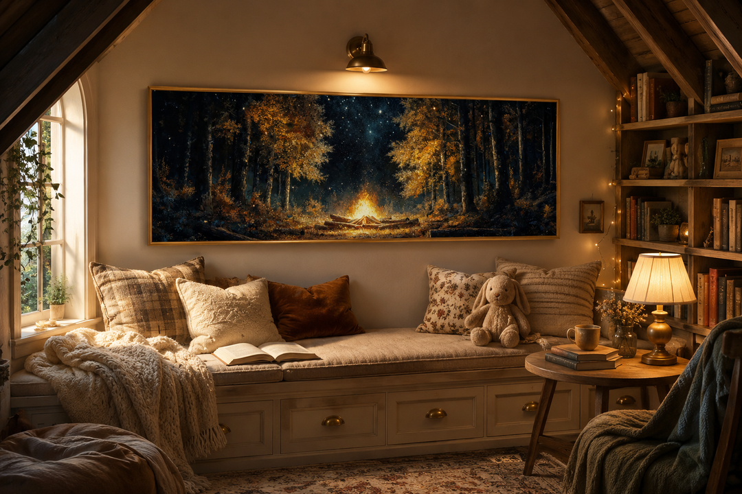 Panoramic wall art of a glowing campfire in a dark forest, hung above a cozy window seat.