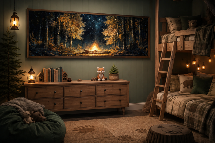 Panoramic forest campfire wall art hanging in a rustic, woodland-themed child's bedroom.