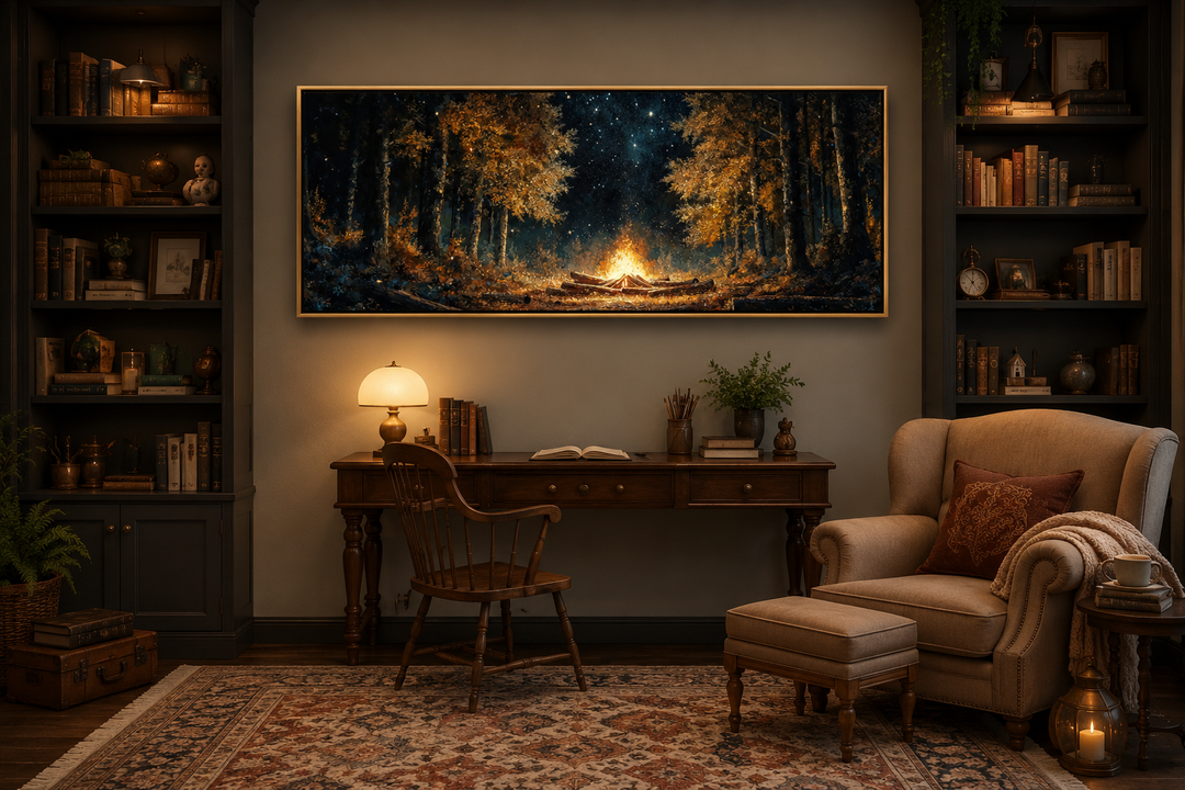 Panoramic wall art of a glowing campfire in a dark forest, hung above a desk in a cozy study.