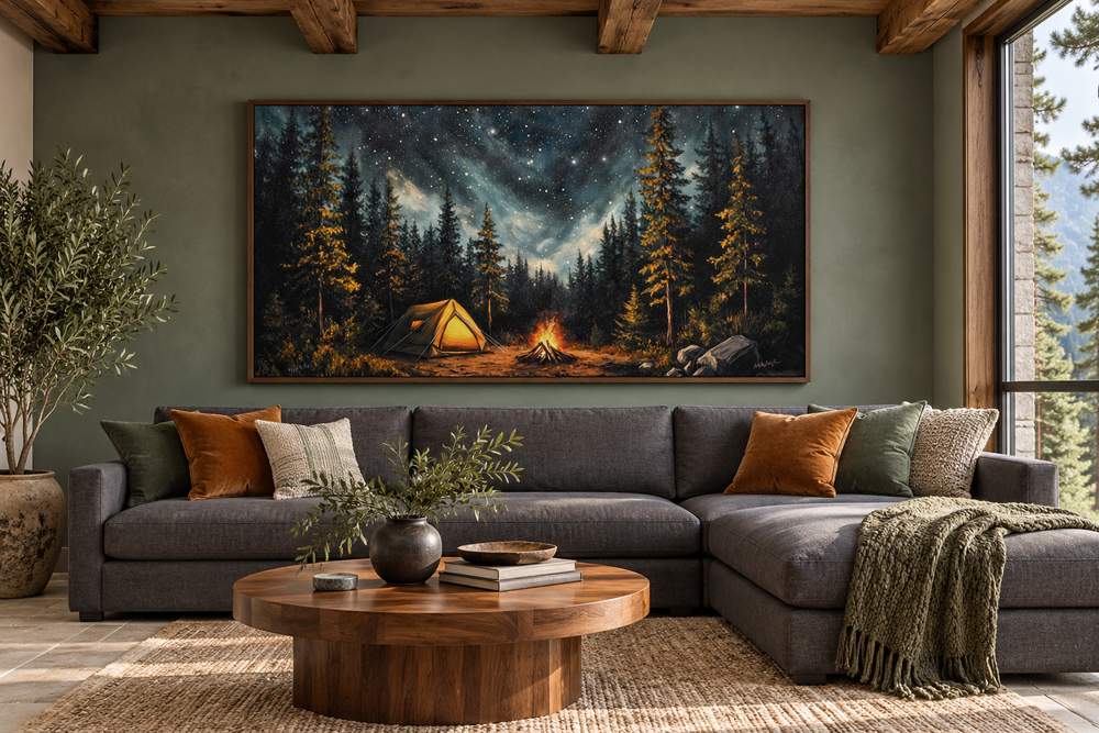 Framed canvas wall art of a cozy campfire and tent under a starry night sky in a pine forest.