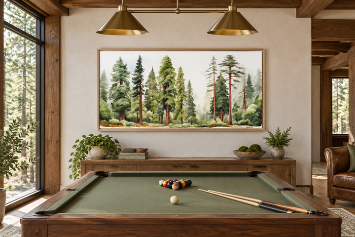 Woodlands forest watercolor framed canvas wall art hanging in a rustic billiard room.