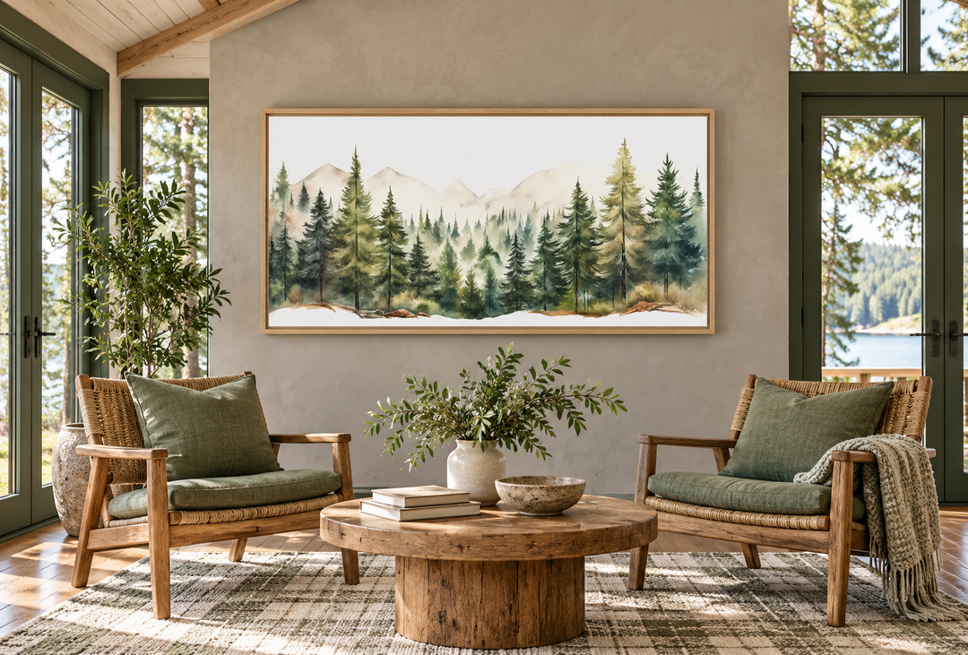 Framed watercolor canvas of a sage green forest and mountain landscape in a rustic living room.