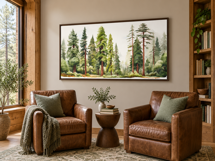 Woodlands Forest Watercolor Framed Canvas Wall Art above two leather armchairs in a rustic room.