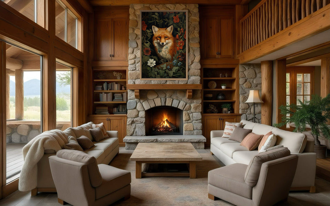 Fox In The Forest Flowers Moody Painting Cottagecore Wall Art