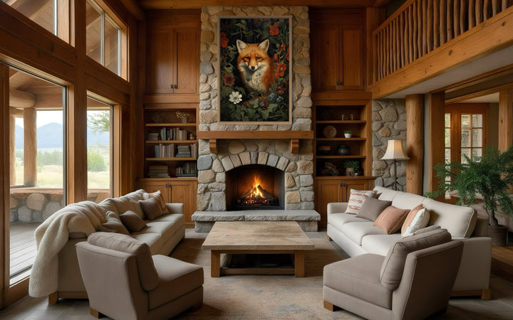 Fox In The Forest Flowers Moody Painting Cottagecore Wall Art