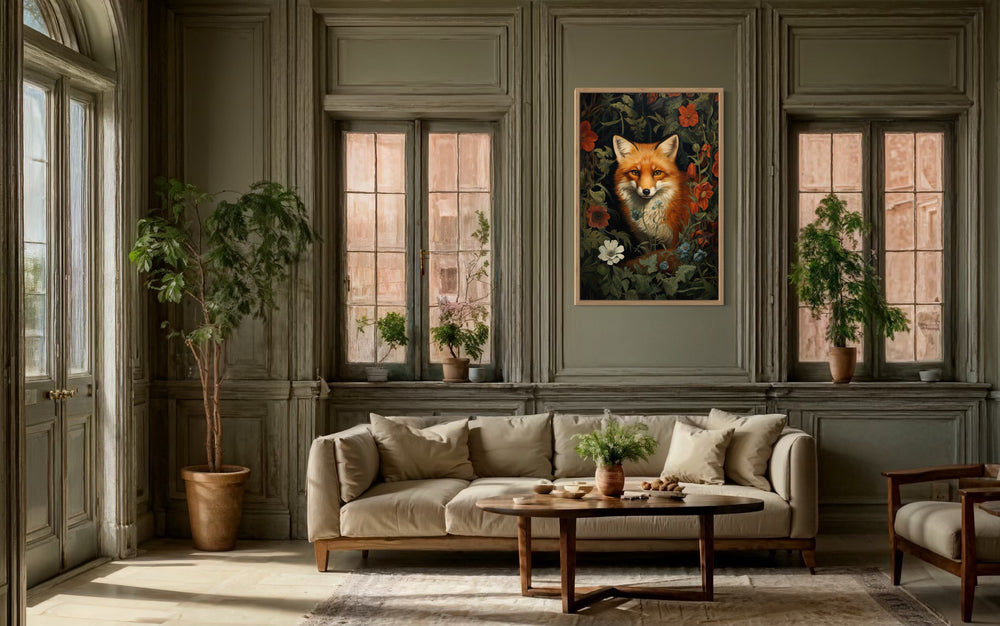 Fox In The Forest Flowers Moody Painting Cottagecore Wall Art