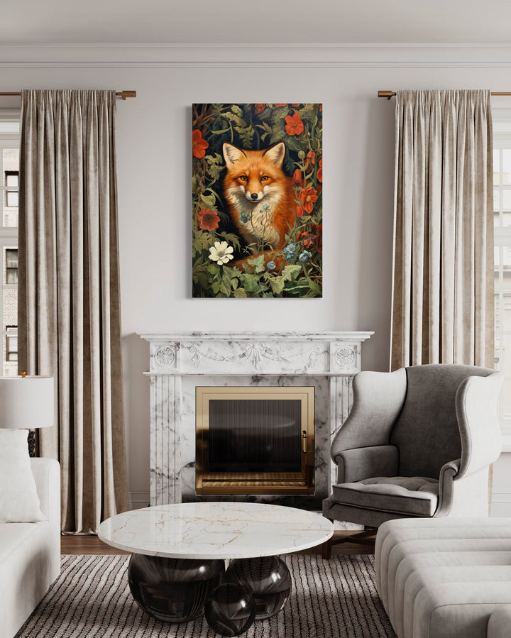 Fox In The Forest Flowers Moody Painting Cottagecore Wall Art