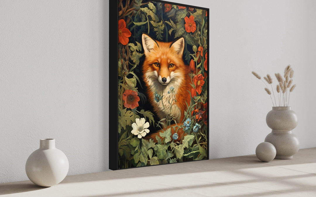 Fox In The Forest Flowers Moody Painting Cottagecore Wall Art