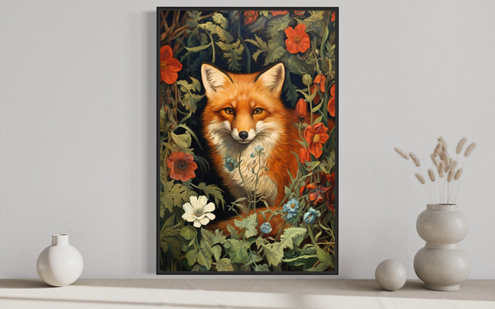Fox In The Forest Flowers Moody Painting Cottagecore Wall Art