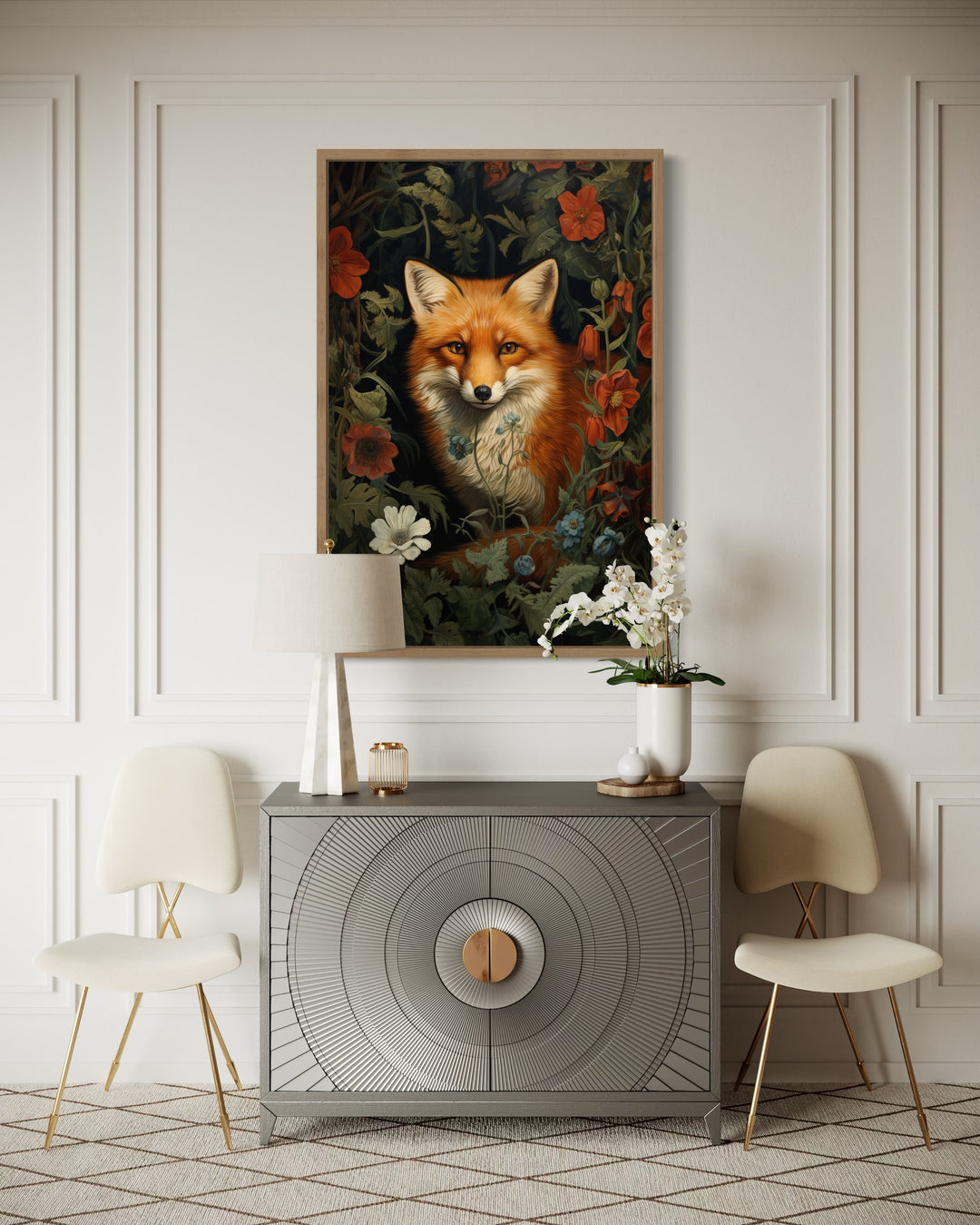 Fox In The Forest Flowers Moody Painting Cottagecore Wall Art