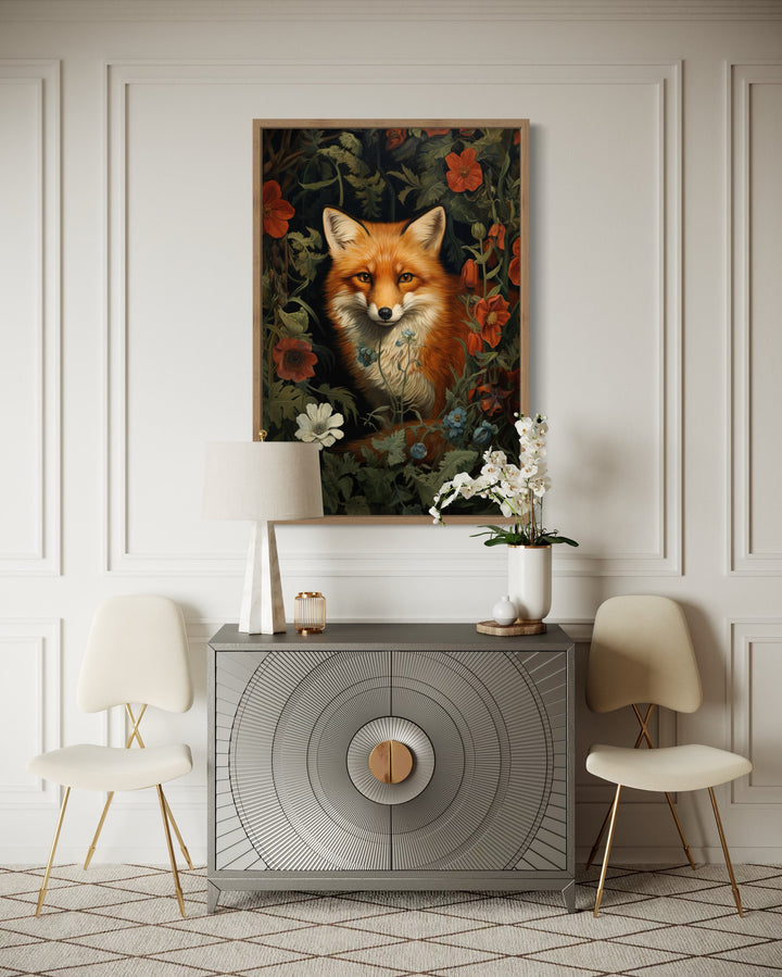 Fox In The Forest Flowers Moody Painting Cottagecore Wall Art