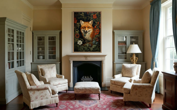 Fox In The Forest Flowers Moody Painting Cottagecore Wall Art