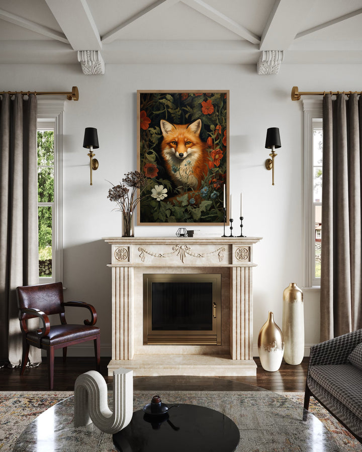 Fox In The Forest Flowers Moody Painting Cottagecore Wall Art