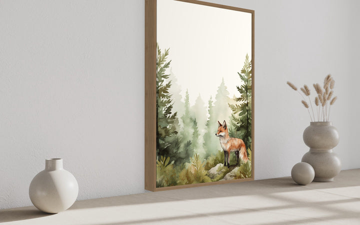 Fox In The Forest Watercolor Framed Canvas Wall Art