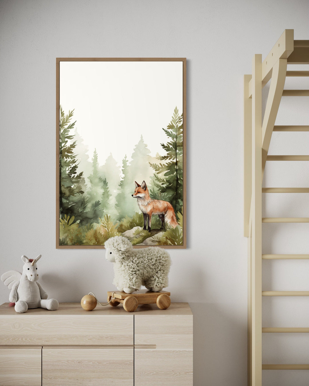 Fox In The Forest Watercolor Framed Canvas Wall Art