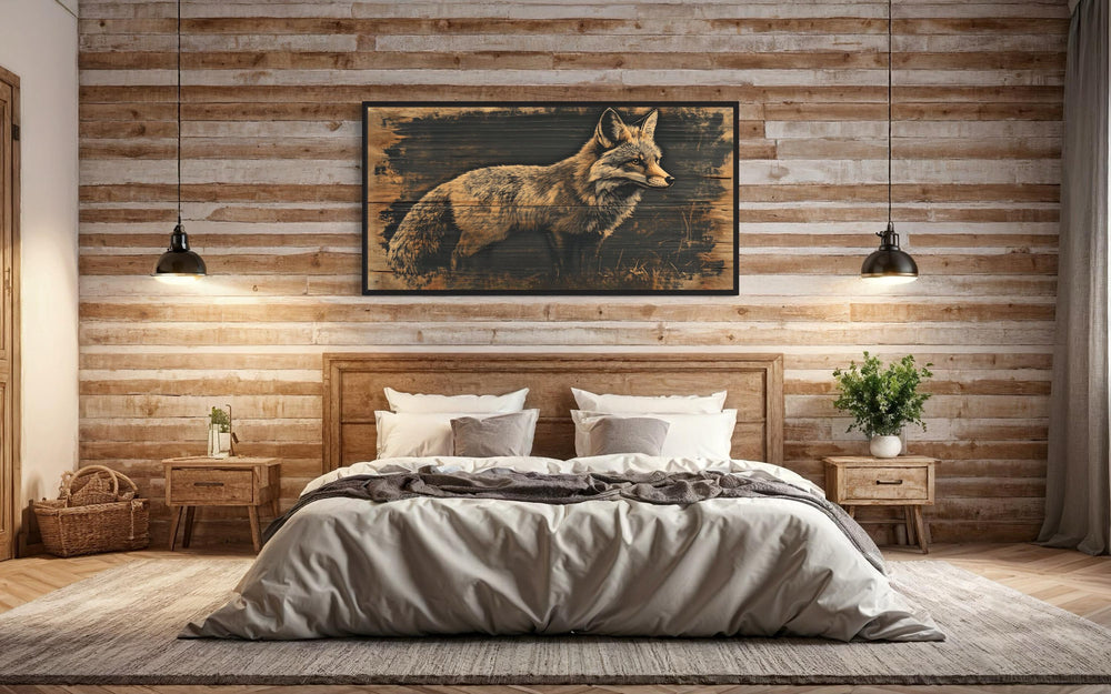 Fox Painted on Dark Wood Framed Canvas Wall Art