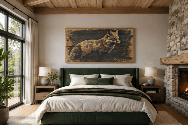 Fox painted on dark wood framed canvas wall art hanging above a green bed in a rustic bedroom.