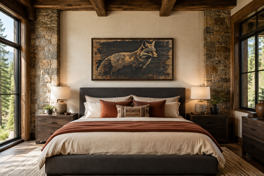 Framed canvas wall art of a fox painted on dark wood, hanging above a bed in a rustic cabin bedroom.
