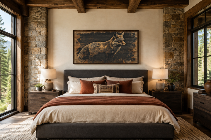 Framed canvas wall art of a fox painted on dark wood, hanging above a bed in a rustic cabin bedroom.