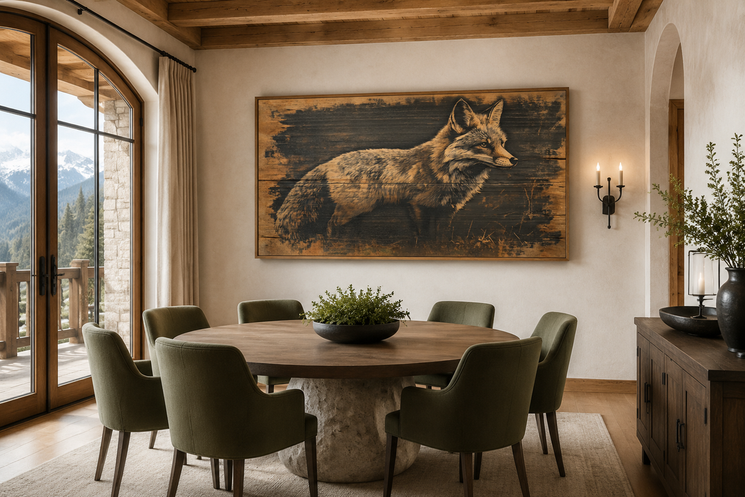Framed canvas wall art of a fox painted on dark wood, hanging in a rustic dining room.