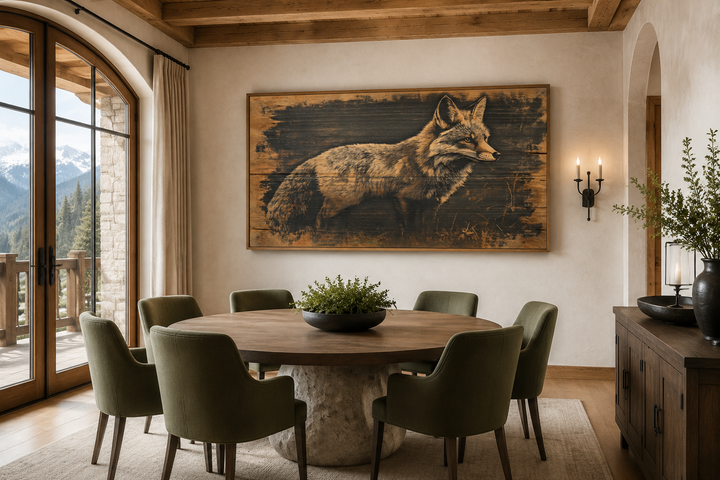 Framed canvas wall art of a fox painted on dark wood, hanging in a rustic dining room.